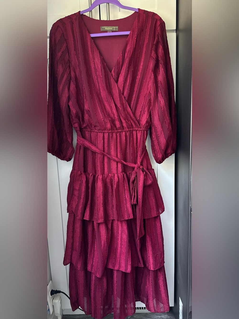 Melonie T Women’s Burgundy Tiered Ruffle Dress Size 14 Boho